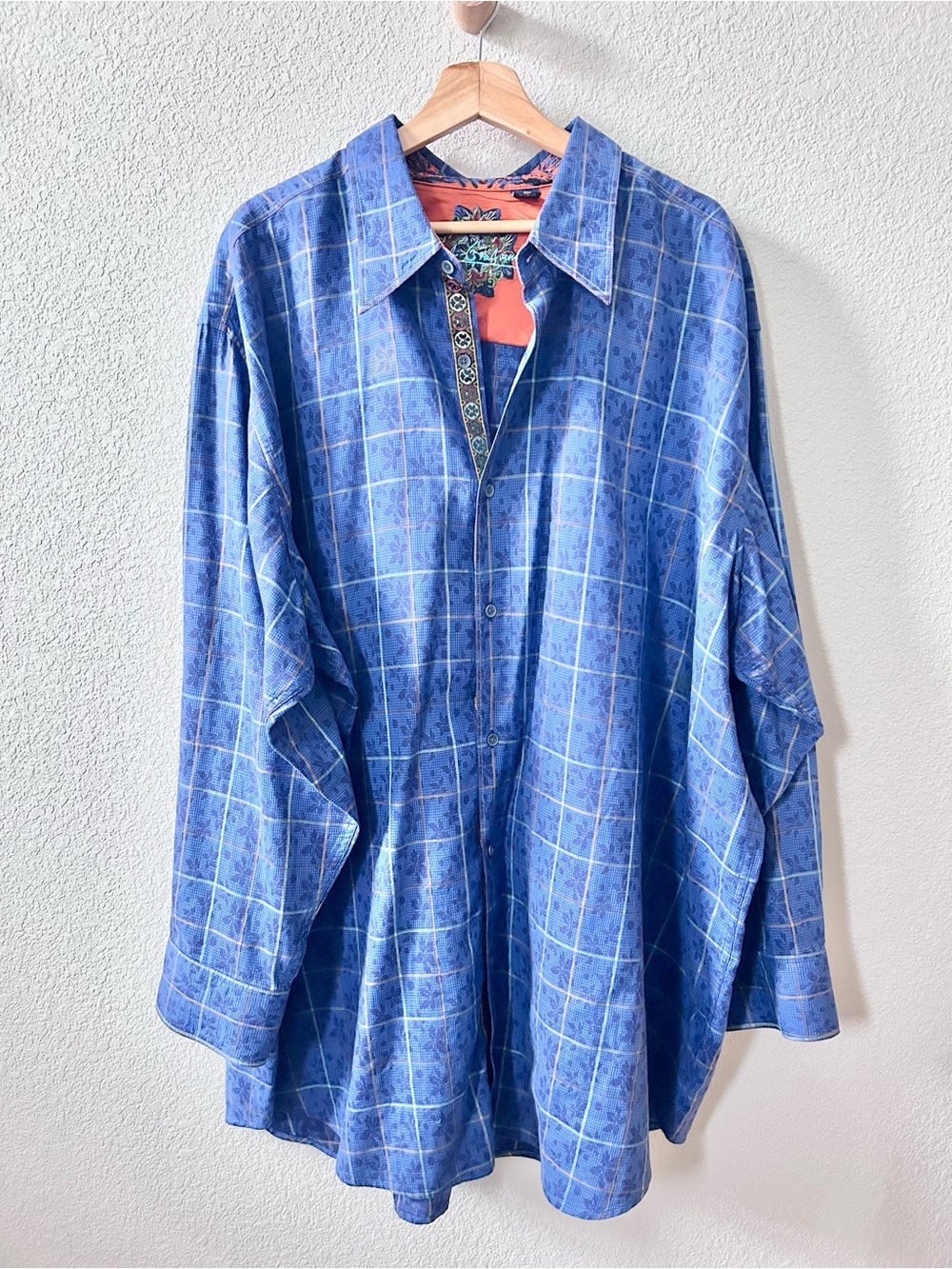 Robert Graham Blue Grid Floral Cotton Long Sleeve Shirt Size 4XLB